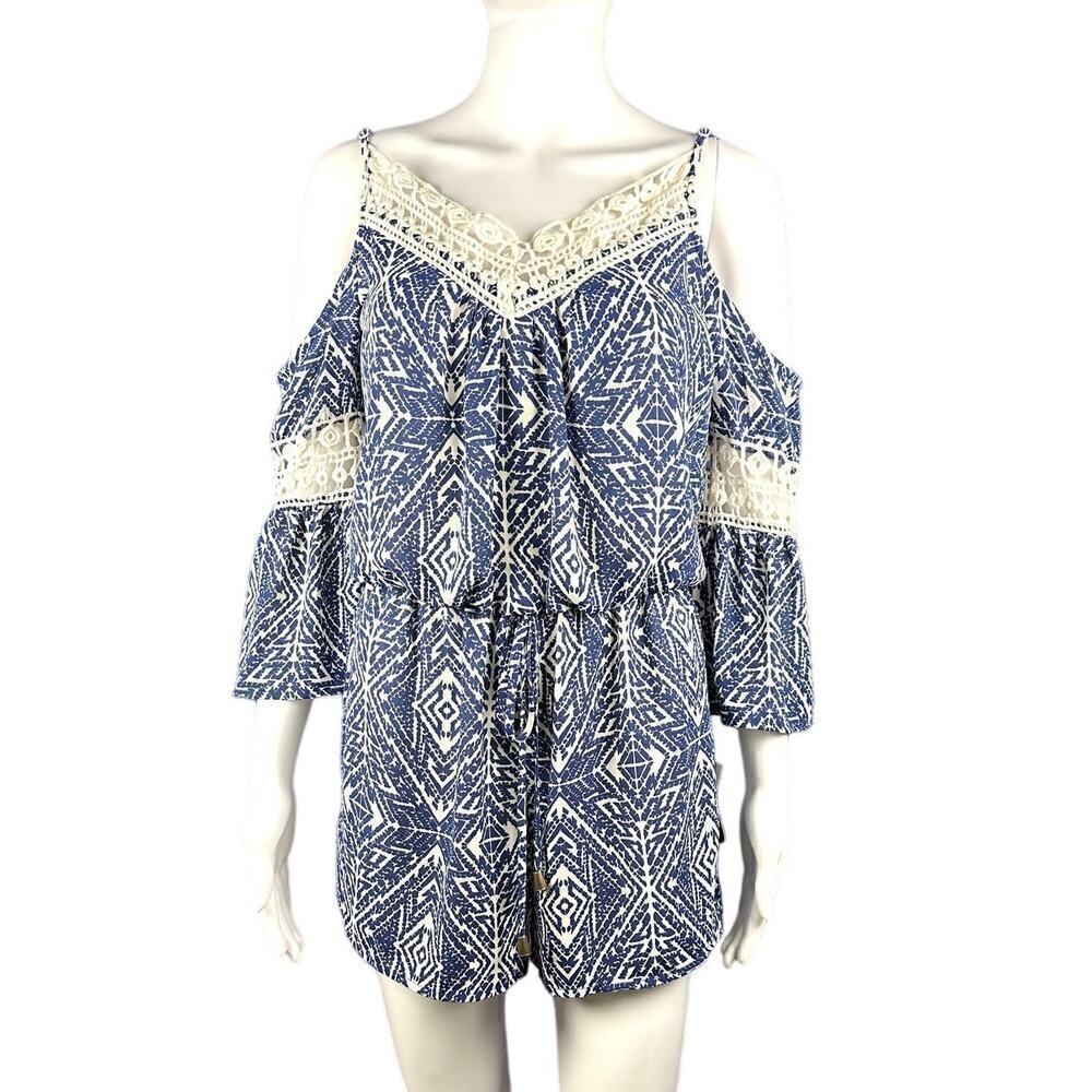 City Triangles Boho Romper Small Off Shoulder Blue Ivory Crochet Festival NWT